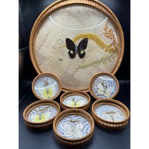 Vintage Bamboo Botanical Tray Coaster Set Pressed Butterflies Dried Flowers